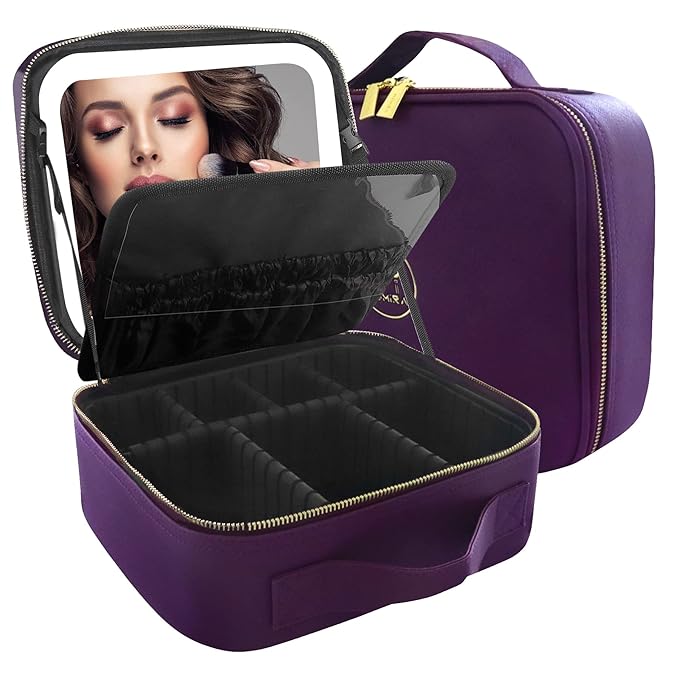 MOMIRA Travel Makeup Bag Cosmetic Bag Makeup Organizer Bag with Lighted Mirror, Adjustable Brightness in 3 Color Scenarios, Waterproof Makeup Train Case, Gift for Women - Deep Purple