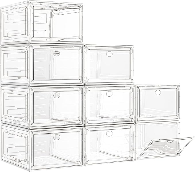 7 code Large Clear Shoe Boxes Organizer【Thicker Material】 Stronger Shoe Box with Magnetic Door, Stackable Shoe Storage Box for Closet, Foldable Space-Saving Storage Bins Shoe Cabinet, White 9 Pack
