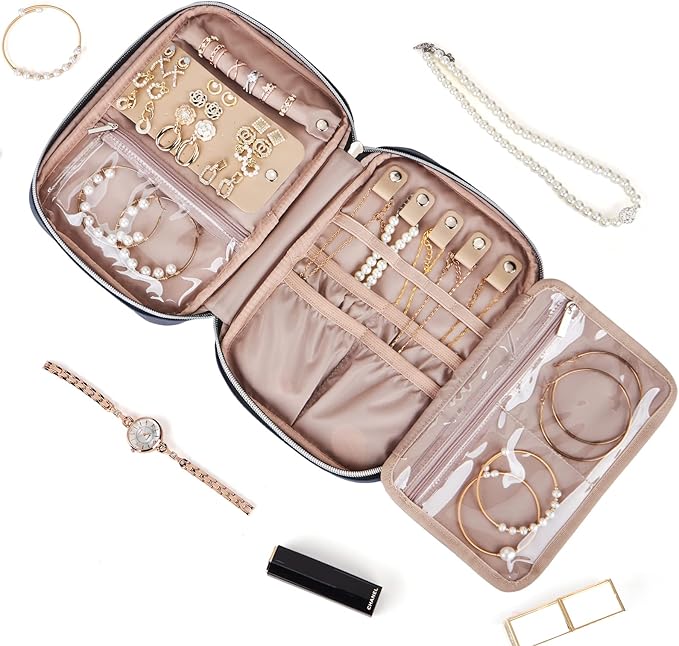 BELALIFE Travel Jewelry Organizer, Portable Jewelry Storage Case for Earrings, Rings, Necklaces, Bracelets, Blue-Gray