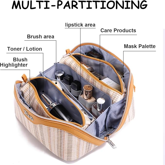 Travel Makeup Bag for Women: Large Capacity Open Flat Make up Bag Set of 3 - Vegan Leather Cosmetic Bag with Compartments - Waterproof Toiletry Bag with Handle & Divider(Gold)