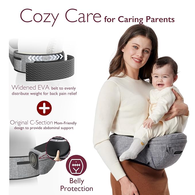 Momcozy Hip Seat Baby Carrier - Adjustable Waistband with Original 3D Belly Protector, Ergonomic Carrier with Various Pockets for Toddlers up to 45lbs (Grey, Medium 27-45IN)