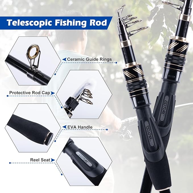 Goture Fishing Rod and Reel Combo - Carbon Fiber Telescopic Fishing Pole - Spinning Reel 9+1 Shielded Bearings Stainless Steel BB - A