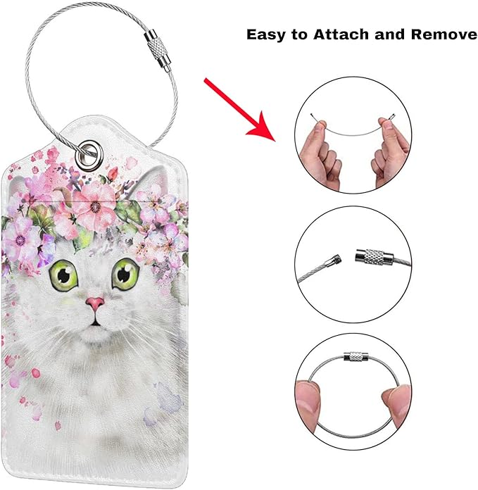 2 Pcs Cute White Cat with Pink Flowers Pattern Leather Luggage Tags, Funny Animal-Themed Suitcase Labels Bag Tag Name ID Labels with Privacy Cover for Teen Kids Adults