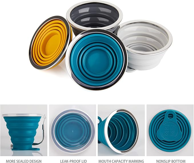 IYYI Silicone Collapsible Travel Cup, 9.22oz Folding Camping Cup with Lid, Expandable Drinking Cup Set, Portable Coffee Cup (Dark Gray-Lighr Gray-Yellow-Green, S-4)