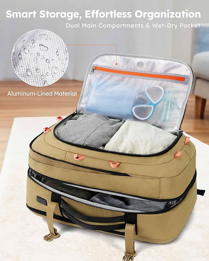 Tolaccea Travel Laptop Backpack, TSA Flight Approved Carry On Travel Duffel Backpack, Dual Laptop Storage for 17.3" and 15.6" Laptop, Large Luggage Backpack 40-45L Expandable for Men Women (Khaki)