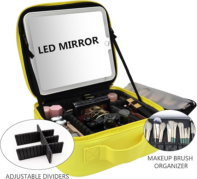 Travel Makeup Bag with LED Mirror Travel Makeup Organizer with 3 Lighted Settings, Adjustable Dividers and Makeup Brush Storage Bag Yellow