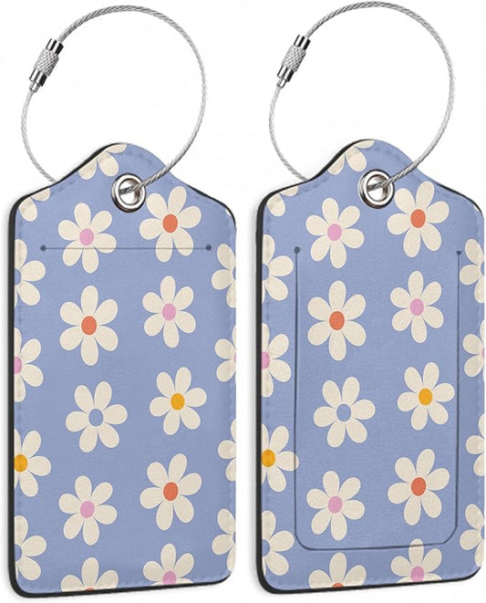 2 Pack Luggage Tag for Suitcase, Groovy Daisy Flowers Leather Bag Tags Identifiers Privacy Cover ID Label with Durable Steel Loop for Women Men Kids Girls Travel
