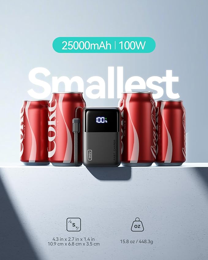 INIU 100W Power Bank, Mini Size 25000mAh High Capacity Laptop Portable Charger, USB C in&Out Tablet Powerbank, Smart Digital Display Phone Charger for iPhone 16 15, Samsung, iPad, MacBook, Laptop etc.