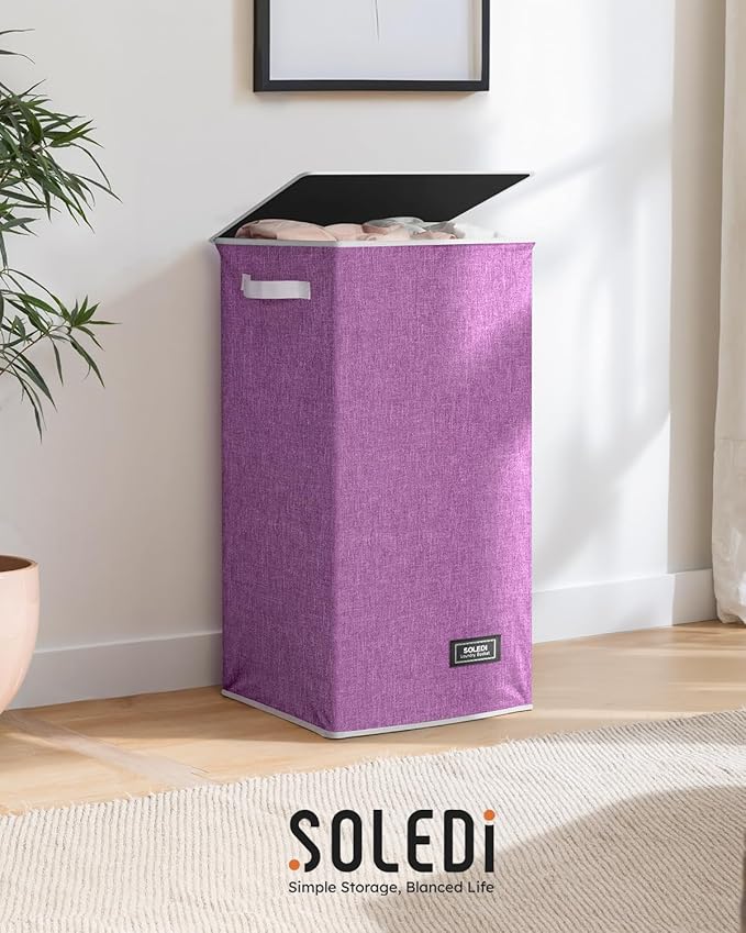SOLEDI Laundry Hamper with Lid 100L Large & Tall Collapsible Laundry Basket, Clothes Hamper with Bag Removable Easy to Carry, Dirty Hampers for Bedroom, Bathroom, Dorm, College, Purple