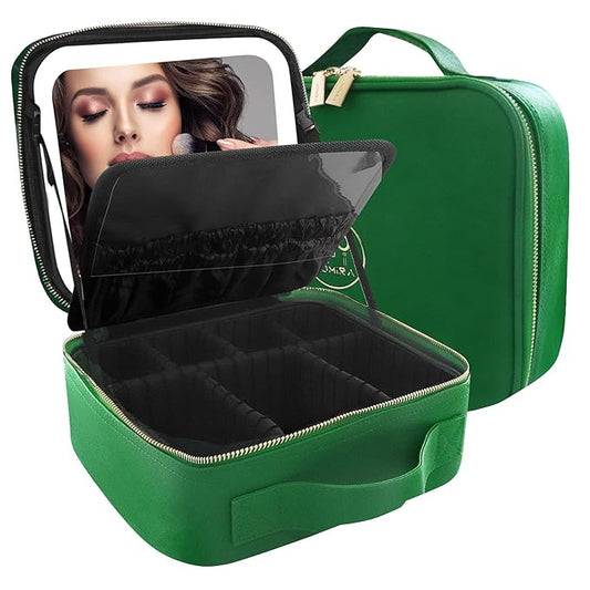 MOMIRA Travel Makeup Bag Cosmetic Bag Makeup Organizer Bag with Lighted Mirror, Adjustable Brightness in 3 Color Scenarios, Waterproof Makeup Train Case, Gift for Women - Emerald Green