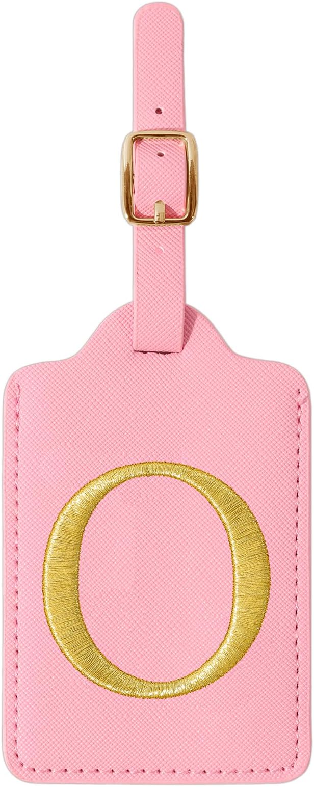 Personalized Initial Luggage Tags for Suitcase, Pink Leather Cute Luggage Tags with Privacy Cover Name Card, Embroidered Custom Monogrammed Luggage Tag Travel Bag Baggage Tags Gifts for Women Kids(O)