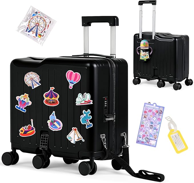 Kids Ride-On Luggage, 20" Hardshell Carry-On Suitcase with 6 Spinner Wheels, Foldable Pedal, Hidden Cup Holder & Combination Lock for Toddlers & Children (Black, 20-inch)