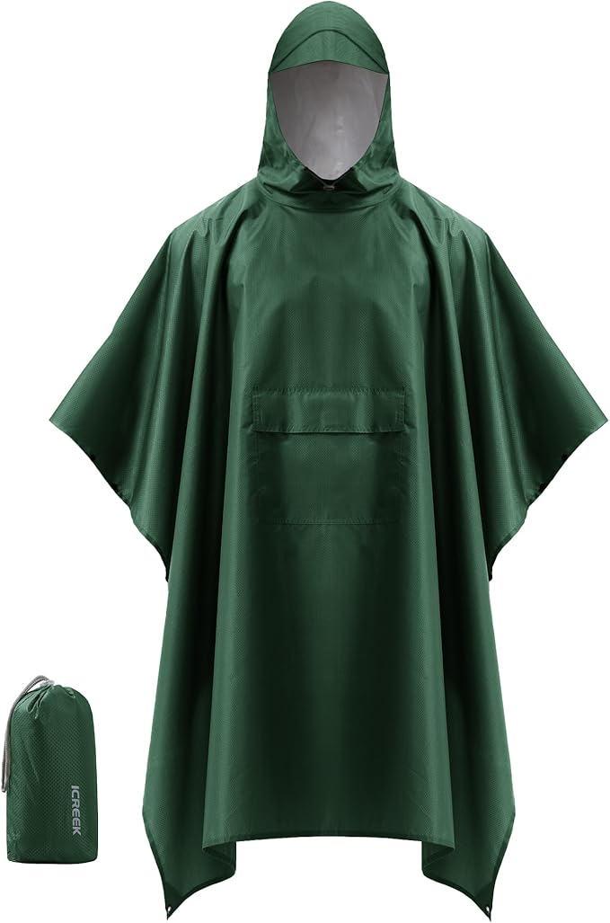 iCreek Hooded Rain Poncho with Pocket Waterproof Lightweight Unisex Raincoat Jacket for Hiking, Camping, Outdoor