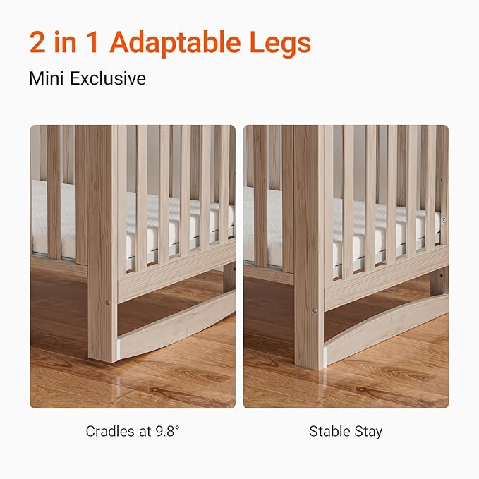 EvoNest Baby Crib, 6 in 1 Convertible Mini Crib with Wheels, 100% New Zealand Wood Growing Bed, 4 Adjustable Mattress Height， Washed Natural