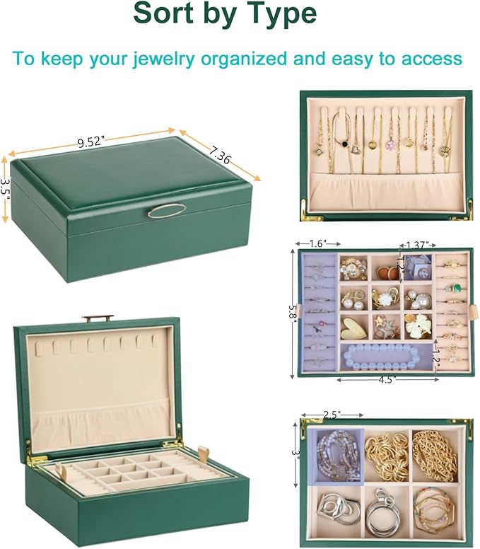 Small Jewelry Organizer for Women, 2-Layer Travel Jewelry Box with Portable Case, Necklace Ring Storage for Dresser, Girls Teens Gifts (Green)