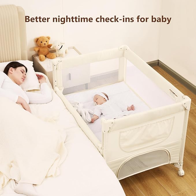 ANGELBLISS Baby Bassinet Bedside Crib, Pack and Play with Mattress, Diaper Changer, One-Push Setup Playards from Infants to Toddlers (Beige)