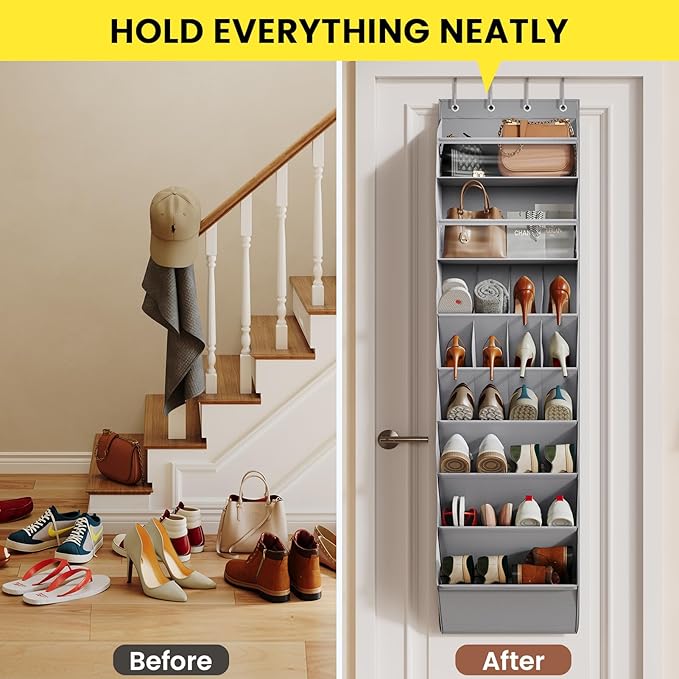 Over the Door Shoe Organizer for Closet, Shoes Rack with 8 Tier Large Deep Pockets, Hanging Shoe Organizers for Boot Storage, Behind the Door Narrow Shoe Holder for Small Shoes, Grey