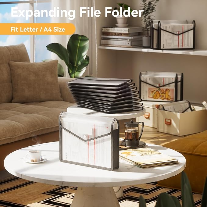ABC life 8 Pack Plastic Expanding File Folder, Folders for Documents with Snap Closure, Black File Folder Organizer Holder, Transparent Accordion File Pouch,Large Capacity, Fit Letter/A4 Size - Black