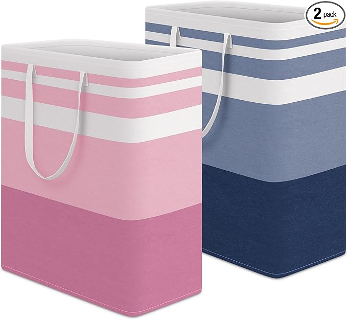 HomeHacks 2 Pack Large Laundry Baskets, Waterproof, Freestanding Laundry Hampers, Collapsible Clothes Hamper with Reinforced Handles in Laundry, College Dorm, Bathroom, Bedroom (Blue+Pink, 125Lx2)