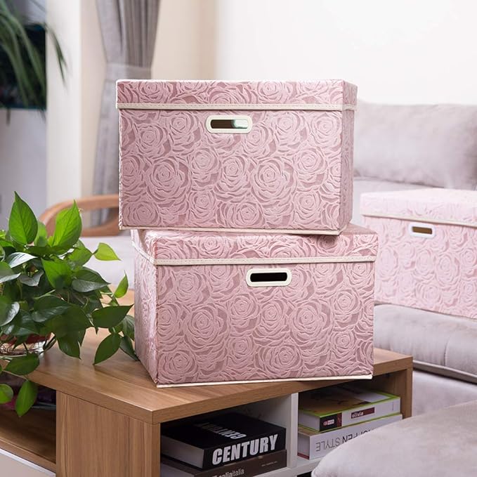 PRANDOM Large Foldable Storage Boxes with Lids [5-Pack] Fabric Decorative Storage Bin Cubes Organizer Containers Baskets with Cover Handles for Bedroom Closet Nursery Pink 17.7x11.8x11.8 Inch