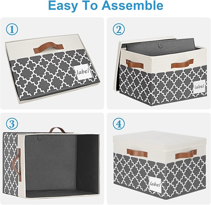 Large Storage Bins with Lids, Foldable Fabric Storage Baskets with Lids, Sturdy Storage Boxes with Labels and 3 PU Handles for Closet Home Bedroom Office (26L, 3 Packs, Grey Plaid&White)