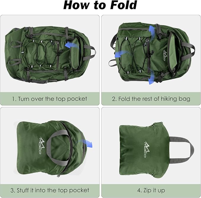 MoKo Hiking Backpack, 40L Large Capacity Camping Backpack with Multiple Pockets, Tear-Resistant Travel Daypack for Men Women, Packable and Lightweight Hiking Daypack for Travel Camping Outdoor, Olive