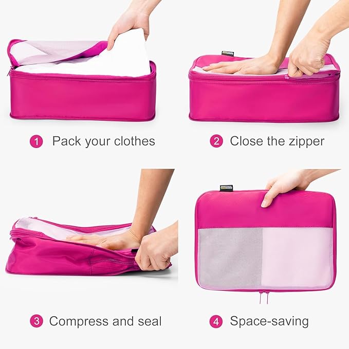 6 Set Compression Packing Cubes for Travel Essentials, Luggage Organizers for Suitcases (Rose Red)