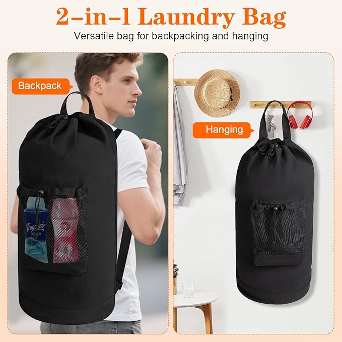 Canvas backpack laundry bag, laundry backpack with shoulder straps and mesh pockets, durable laundry basket bag with drawstring closure, suitable for college, laundromats, and apartments.