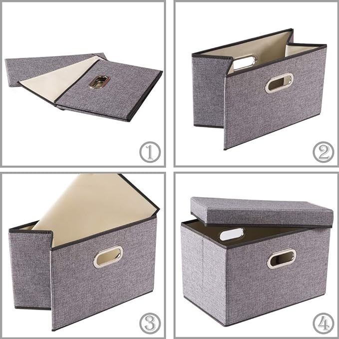 PRANDOM Foldable Storage Boxes with Lids [3-Pack] Linen Fabric Collapsible Storage Bins Organizer Containers Baskets Cube with Cover for Home Bedroom Closet Office Nursery (14.9x9.8x9.8)