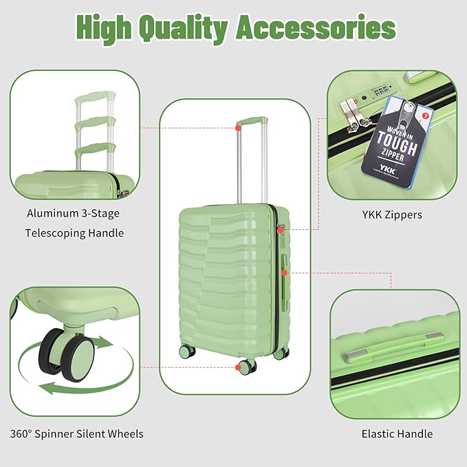 5-Piece Lightweight Luggage with Backpack Sets, ABS+PC Hard Shell Suitcase with TSA Lock & YKK Zipper (Avocado Green, 20in/24in/28in/BP/TB)