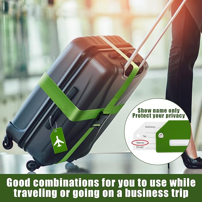 Weewooday 8 Pcs Luggage Straps Suitcase Tags Set for TSA Approved, 4 Travel Adjustable Suitcase Belt, 4 Silicone Luggage Tags with Name ID Card Travel Accessories(Green,Airplane)