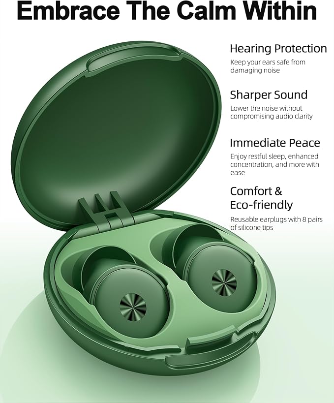 45dB Ear Plugs for Sleeping 0.1oz Ultra-Comfy Noise Cancelling Ear Plugs for Concerts, Deep Focus, Travel, Noise Reduction Ear Plug with 8 Ear Tips Reusable Earplugs with Carry Case Green