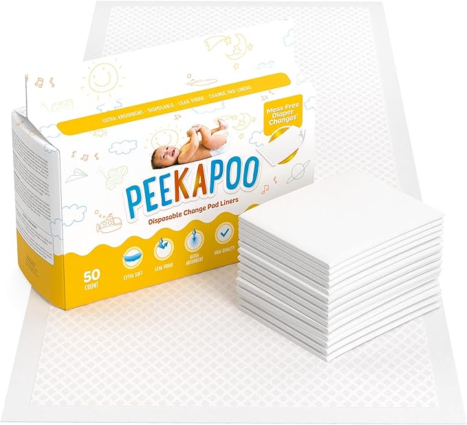 Peekapoo - Disposable Changing Pad Liners (50 Pack) Super Soft, Ultra Absorbent & Waterproof - Covers Any Surface for Mess Free Baby Diaper Changes