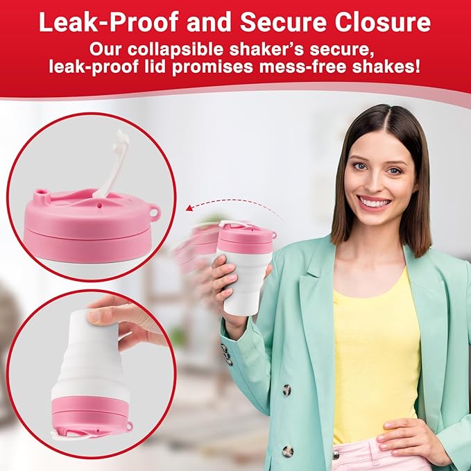 Protein Shaker Bottle Pink Collapsible - Food-Grade, Leakproof Lid 600mL 20oz Pink Shaker - Reusable Silicone Shaker Cups for Protein Shakes