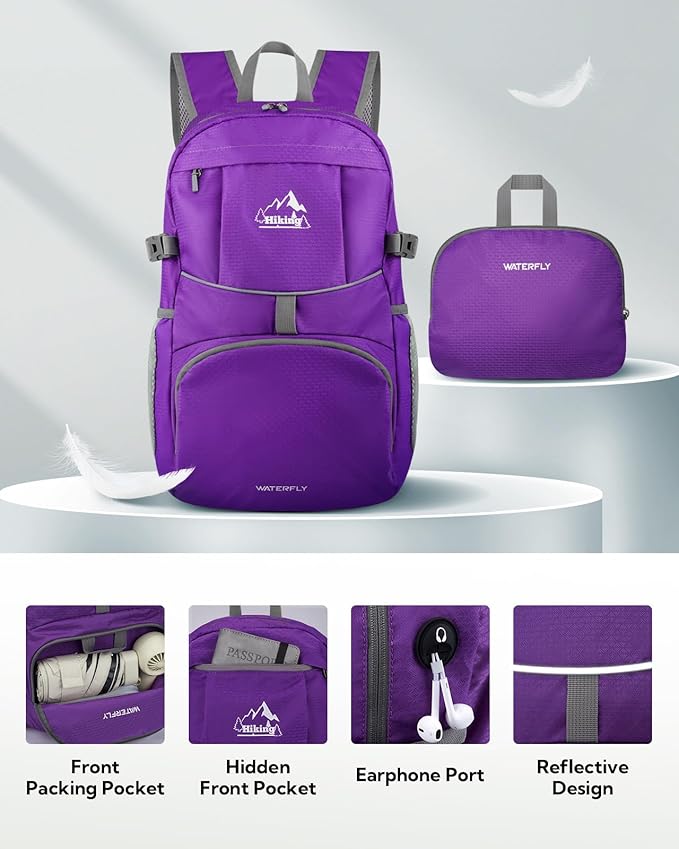 WATERFLY Hiking Foldable Daypack Backpack: 25L Ultra Lightweight Packable Waterproof Outdoor Travel Day Pack for Woman Man