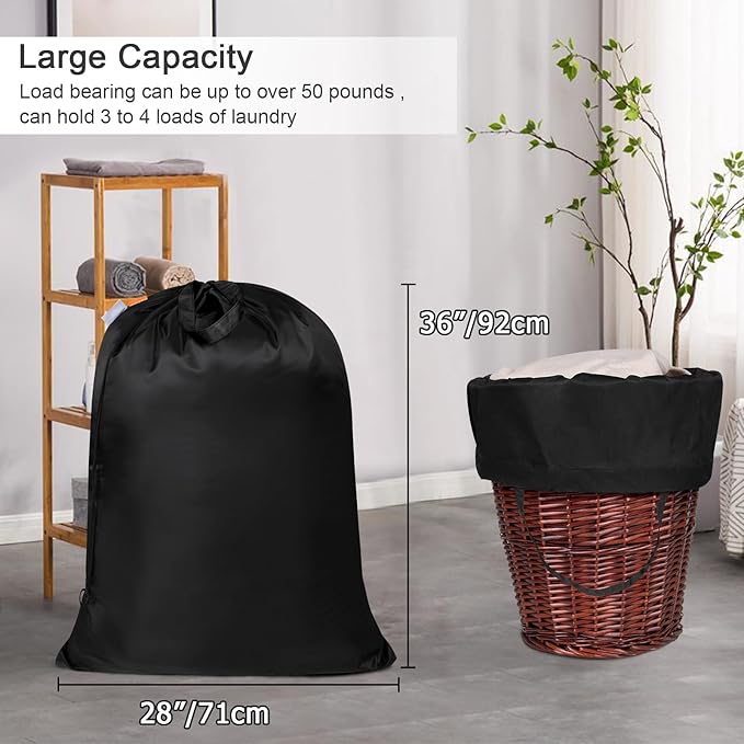 Polecasa Heavy Duty Large Laundry Bag with 130gsm Tear Resistant Fabric and Handles, Easy to Carry Durable Dirty Clothes Drawstring Bag, Perfect for College Dorm, Travel, 2 Pack 28”x36”, Black
