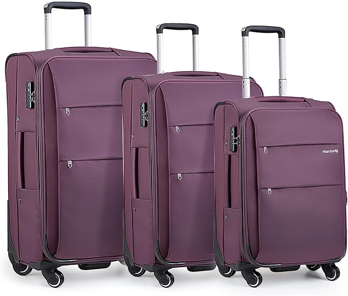 Hanke 20/24/28 Inch 3 Piece Luggage Set with Spinner Wheels Expandable Luggage Large Suitcases with Wheels Softside Checked Luggage Rolling Suitcase with Lock Lightweight Travel Luggage.(Purple)