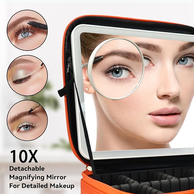 Travel Makeup Bag with LED Mirror and 10x magnifying glass with 3 Lighted Settings, Adjustable Dividers and Makeup Brush Storage Bag Orange