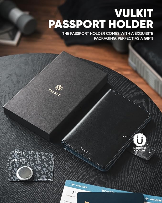 VULKIT Passport Holder with Airtag Holder RFID Blocking Passport Wallet Travel Leather Passport for Women(Black Navy)