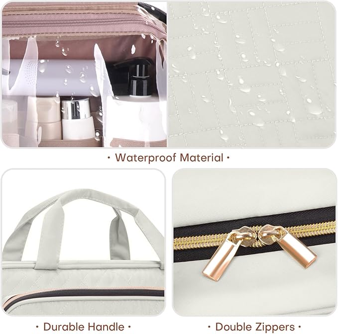 Toiletry Bag for Women with Jewelry Organizer Compartment, Travel Makeup Cosmetic Bag with Hanging Hook for Full-sized Toiletries, Shampoo - Beige