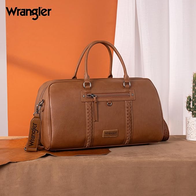 Wrangler Travel Duffel Bag Large Weekender Bag for Women Designer Carry on Overnight Bag for Trips Leather Luggage Bag Brown
