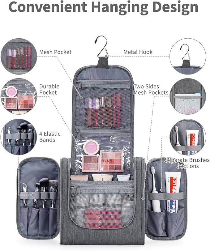 Narwey Hanging Toiletry Bag for Women Travel Makeup Bag Organizer Toiletries Bag Men for Cosmetics Essentials Accessories (Large, Grey)
