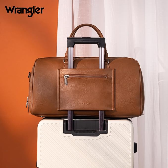 Wrangler Travel Duffel Bag Large Weekender Bag for Women Designer Carry on Overnight Bag for Trips Leather Luggage Bag Brown