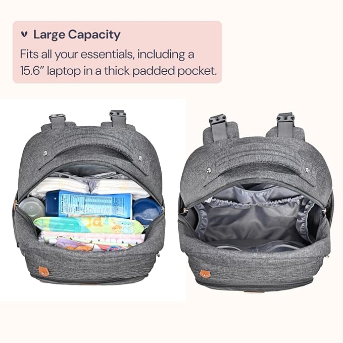 BabbleRoo Diaper Bag Backpack, Travel Backpack with Changing Pad, Pacifier Case & Stroller Straps, Multifunction, Waterproof, Unisex - Dark Gray