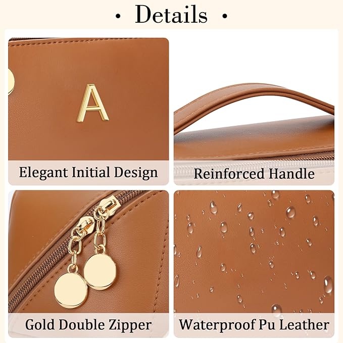 Birthday Gifts for Women Teen Girl, Personalized Initial Makeup Organizer Bag Set, Open Flat Travel Cosmetic Bag With Clear Divider and Handle(Brown,A)