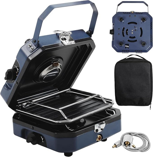 2-Burner Foldable Camping Stove with Griddle and Carrying Bag，16000 BTU Portable Propane Camp Stove with 2 Adjustable Burners & Piezo Ignition, for Camping, Home Backyard, Frying Turkey, Blue