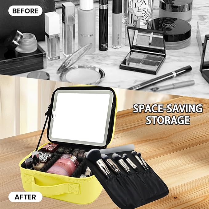 Travel Makeup Bag with LED Mirror and Light Travel Makeup Case Cosmetic Organizer Portable Cosmetic Brush Organizer Bag with Adjustable Dividers for Cosmetics Makeup Brushes Toiletry (Yellow)