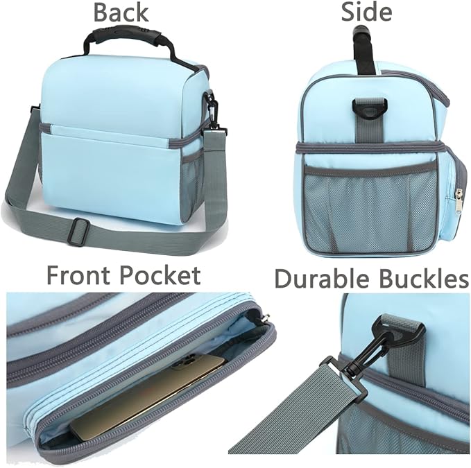 FlowFly Double Layer Cooler Insulated Lunch Bag Adult Lunch Box Large Tote Bag for Men, Women, With Adjustable Strap,Front Pocket and Dual Large Mesh Side Pockets
