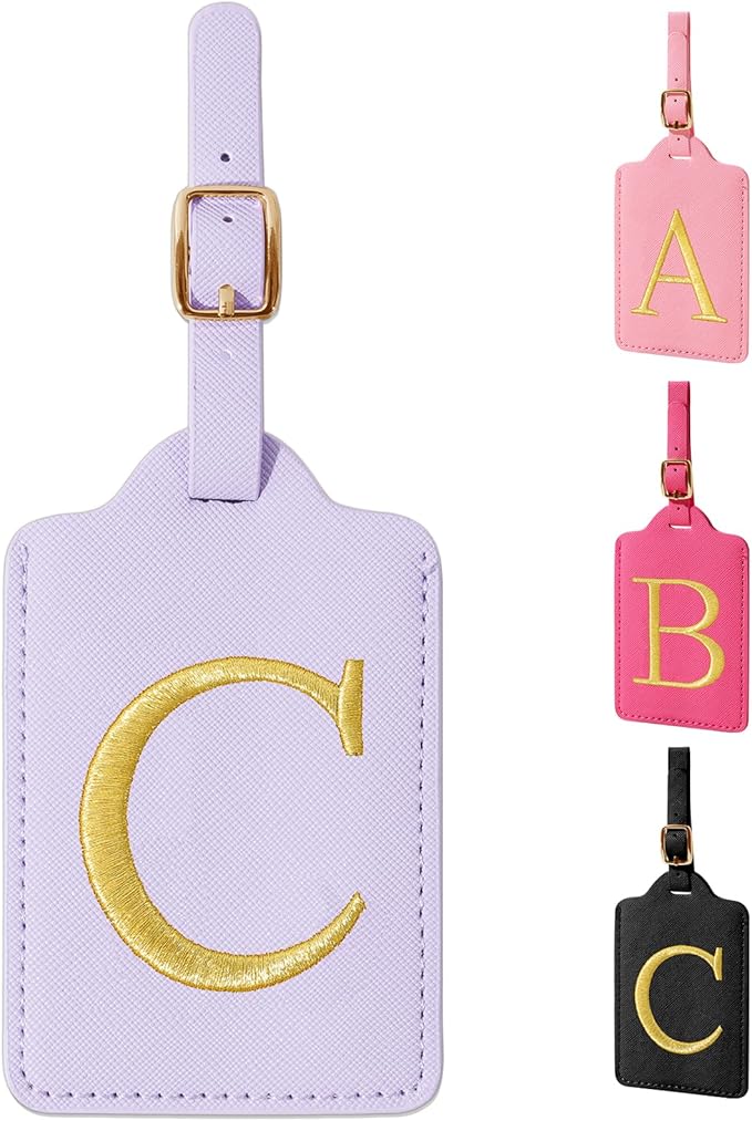 Personalized Initial Luggage Tags for Suitcase, Purple Leather Cute Luggage Tags with Privacy Cover Name Card, Embroidered Custom Monogrammed Luggage Tag Travel Backpack Tags Gifts for Women Kids(C)