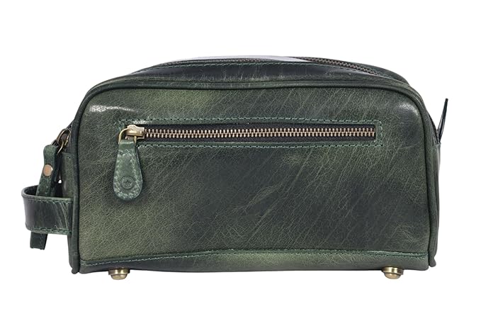 10" Premium Leather Toiletry Travel Pouch With Waterproof Lining | King-Size Handcrafted Vintage Dopp kit By Aaron Leather Goods (Seaweed Green)